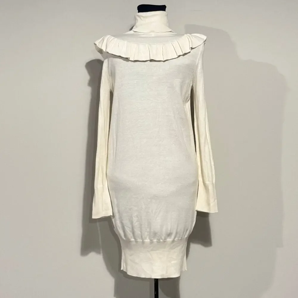 Leith NWT Womens Dress Ivory Long Sleeve Knit Turtleneck Ruffle Yoke XS SoftGirl